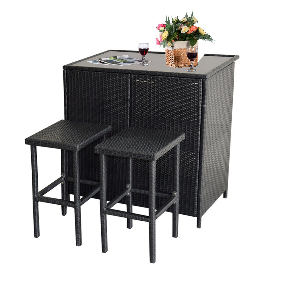 Mcombo 3PCS Black Wicker Bar Set Patio Outdoor Table & 2 Stools